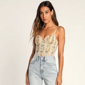 Lulus Essence of Elegance Beige Embroidered Bustier Bodysuit